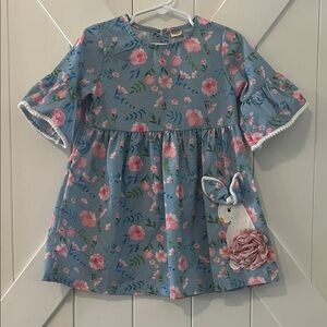 Floral Blue Kids Dress with Bunny Applique